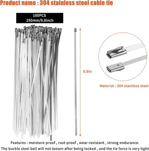 Pro Grade Heavy Duty Stainless Steel Cable Tie Gun Kit With 100 Pcs 4.6x250mm Cable Ties close-up details and length