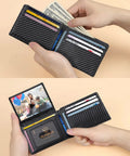 Slim RFID Leather Bifold Wallet for Men with cash and cards in quick access slots, 2 ID windows visible.