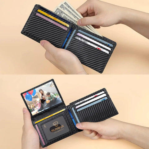Slim RFID Leather Bifold Wallet for Men with cash and cards in quick access slots, 2 ID windows visible.