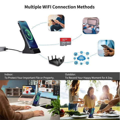 Multiple WiFi connection methods for Stealthy Hidden Spy Cameras With Wireless Charger 1080P HD Mini Nanny Cam.