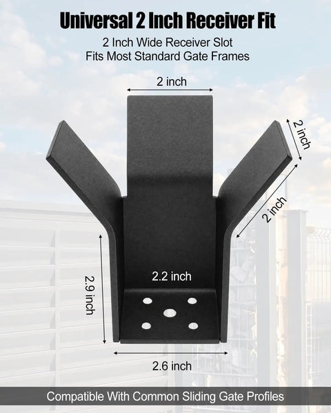 Heavy Duty Steel Slide Gate End Catch With Two Inch Receiver For Slick Sliding Gate Operation And Secure Yard Fence Alignment Built Damn Tough, showing 2 inch wide receiver slot.