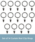 Set of 14 durable black metal curtain rings with smooth glide for 1 to 1 inch and a quarter rods, oil rubbed bronze finish.