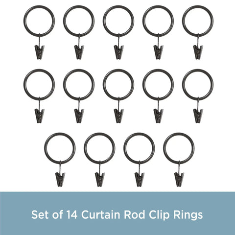 Set of 14 durable black metal curtain rings with smooth glide for 1 to 1 inch and a quarter rods, oil rubbed bronze finish.
