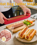 Person using Hot Dog Cutter Criss Cross Slicer With No Touch Release And One Touch Eject on sausage with sliced hot dogs on plate