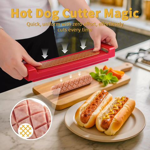 Person using Hot Dog Cutter Criss Cross Slicer With No Touch Release And One Touch Eject on sausage with sliced hot dogs on plate