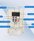 Beefy 220V VFD Inverter interface showing control keys and LED display for motor speed control, easy plug and play speed controller.