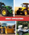 Four different vehicles: a green tractor, yellow tractor, yellow loader, and white golf cart showing wide applications of equipment