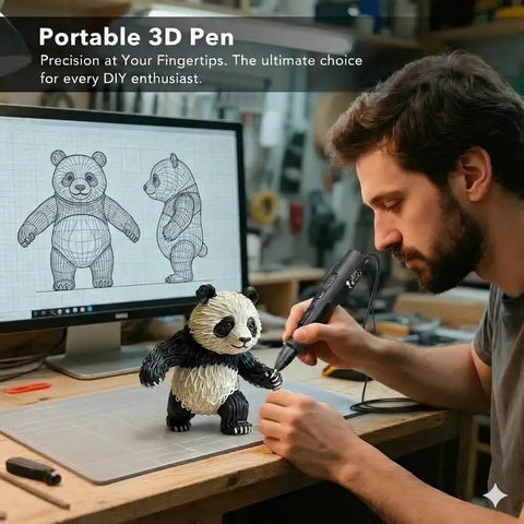 Man using 3D Printing Pen Kit With Adjustable Temperature And Stepless Speed PLA And ABS Compatible LCD Display for creative art project