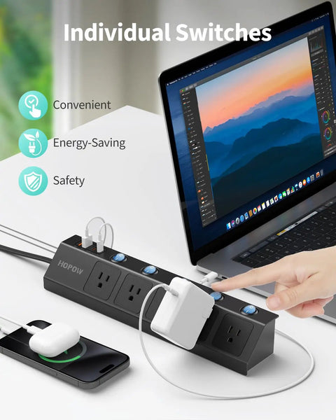 Flat Plug Power Strip With Individual Switches, Ultra Thin 10 Ft Extension Cord, 5 Outlets Plus 2 USB-C 20W PD And 2 USB-A next to a laptop