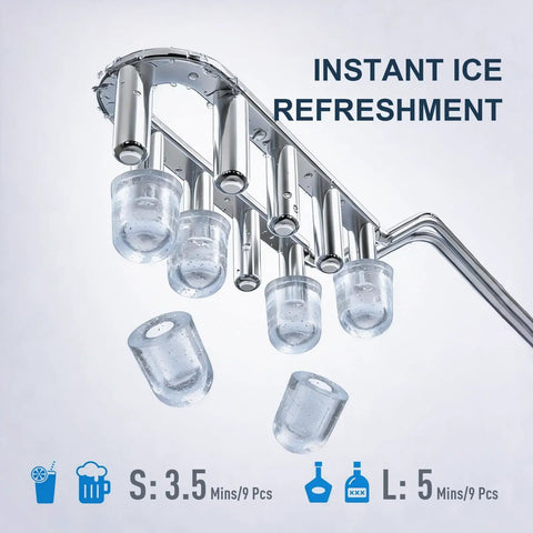 Instant ice cubes being released from ice maker, highlighting Keep The Party Chill With This Countertop Ice Maker Delivering Up To 38 Lbs Per Day.