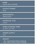 Front view: VFL-5 visual fault locator specs: 5mW, 650nm, 2.5mm interface, AA×2 power, temp 0–60°C/-20–70°C.
