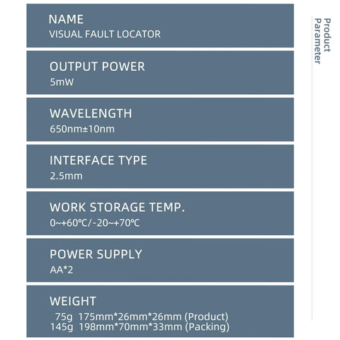 Front view: VFL-5 visual fault locator specs: 5mW, 650nm, 2.5mm interface, AA×2 power, temp 0–60°C/-20–70°C.