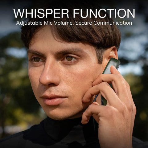 Person using Boss Level Rugged Tactical Speaker Mic With Adjustable Volume Clip On Handheld Walkie Talkie Mic outdoors