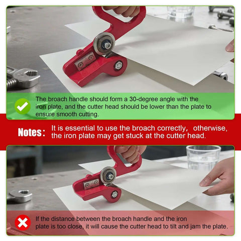 Heavy Duty Manual Sheet Metal Cutter with Replaceable Cr12 Wheels cutting thin metal sheet in an instructional usage scenario.
