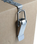Stainless Steel 90 Degree Toggle Latch Set Heavy Duty Cabinet Box Door Hood Fasteners 2 Pack installed on brown cardboard box