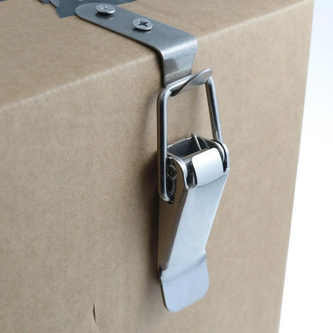 Stainless Steel 90 Degree Toggle Latch Set Heavy Duty Cabinet Box Door Hood Fasteners 2 Pack installed on brown cardboard box