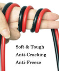 10 Foot 8 AWG Trolling Motor Battery Cable Extension Kit With Ring Terminals for 12V 24V 36V and 48V Systems, red and black cables wrapped around a hand, showing flexibility and durability.