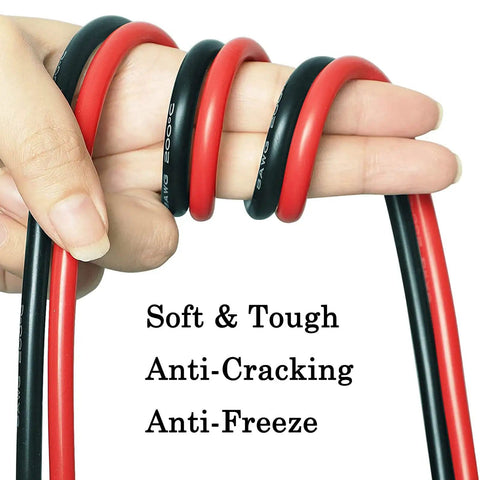 10 Foot 8 AWG Trolling Motor Battery Cable Extension Kit With Ring Terminals for 12V 24V 36V and 48V Systems, red and black cables wrapped around a hand, showing flexibility and durability.