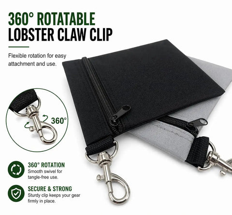 Two Pack Golf Tee Pouches With Clip, Grab And Go Nylon Zipper Bag for tees and markers, black and grey with lobster claw clip