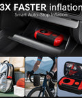 All In One Portable Tire Inflator And Jump Starter Kit With LED Light, Auto Stop, Pressure Gauge, shown in various settings