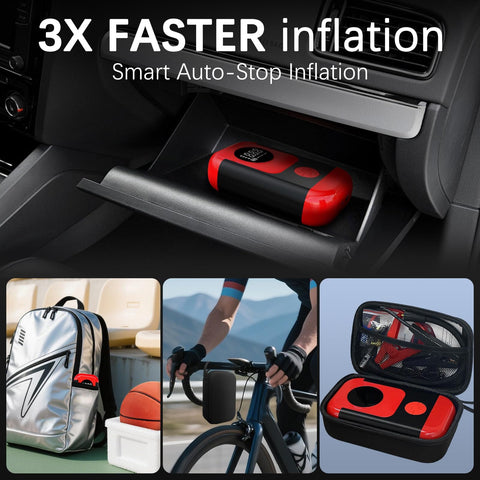 All In One Portable Tire Inflator And Jump Starter Kit With LED Light, Auto Stop, Pressure Gauge, shown in various settings