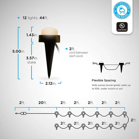 Diagram of Lit Color Changing LED Landscape Path Lights Kit with 12 outdoor lights, 44ft total cord, 2ft between each light.