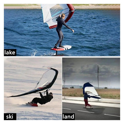 Inflatable Wind Foil Wing For Windsurfing And Kite Surfing used on water, snow, and land, made of tear-resistant nylon, holds shape.