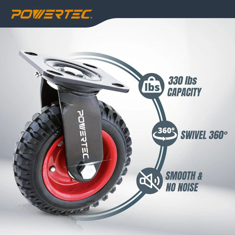 6 Inch Heavy Duty Swivel Caster Wheels With Knobby Rubber Tread On Red Steel Hub For Workbenches Dollies Carts Trolleys