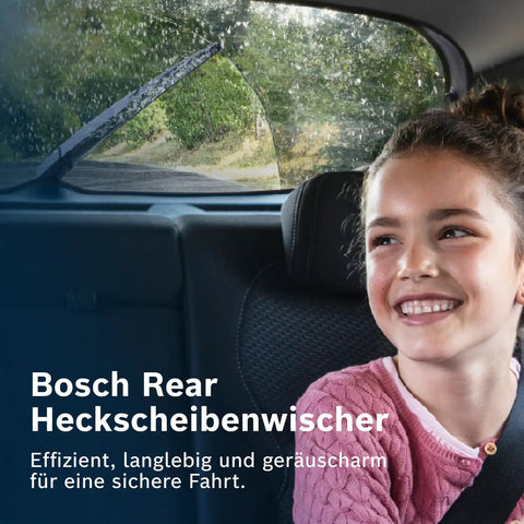 Child inside car with rear wiper blade in action, demonstrating Rear Wiper Blade H306 12 Inch OE Replacement For All Weather Performance.