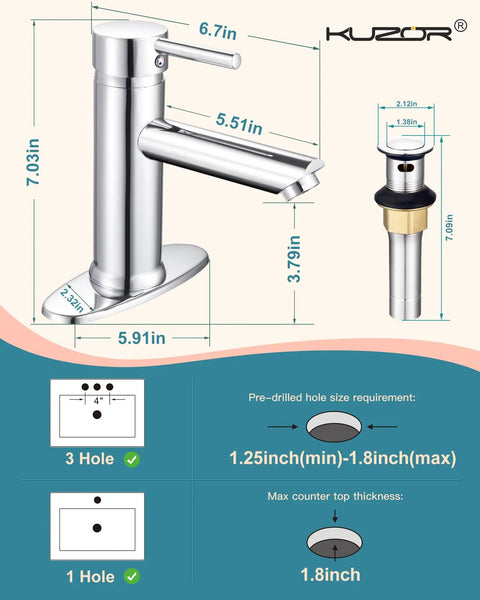 Diagram of Brass Bathroom Faucet With Detachable Spout, 3.79-Inch High Spout, Chrome Finish, includes pop-up drain, single hole install