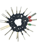Essential 18-Piece Auto Terminals Removal Tool Kit With Connector Pin Release Key For Reliable Electrical Wiring Repair No Duplicates Included Easy To Use Diy Fix showing 18 extractors in circular arrangement.