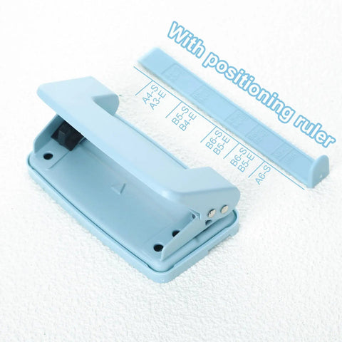 Two Hole Paper Punch Metal Blue Desktop Puncher for File Folders And Loose Leaf Books with positioning ruler for A4 A5 B5 formats.