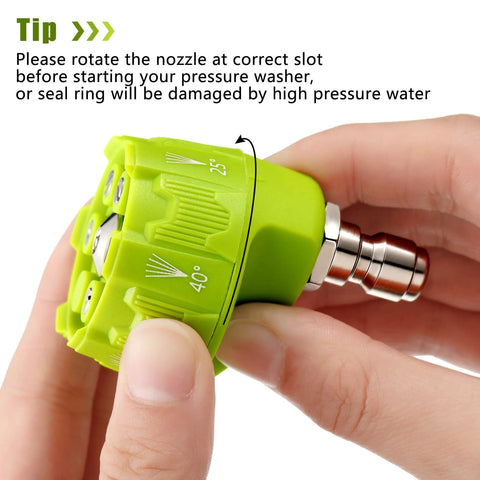 2-pack green plastic 6-in-1 pressure washer nozzle with 1/4 in quick-connect; adjustable 25°–40° spray angles
