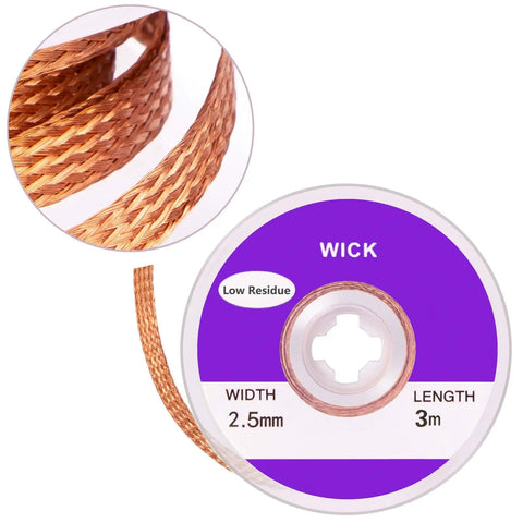 Pro Grade No Clean Braided Desoldering Wick For Solder Removal, Copper Wire Wick, 0.1 Inch Width By 3 Meter Length, 2.5mm X 3m