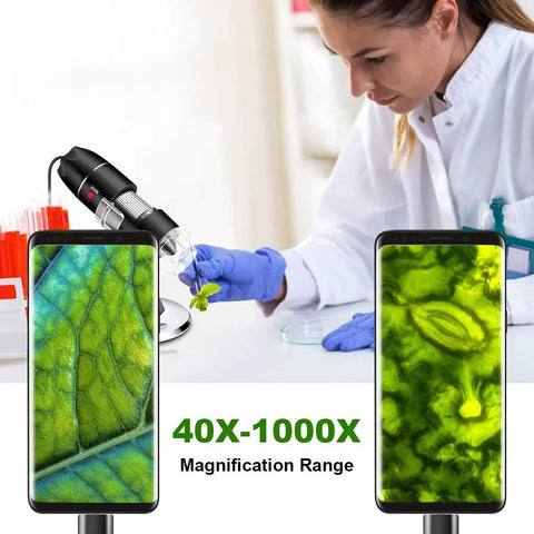USB Digital Microscope For Android Windows Linux And Mac High Resolution Wired Scope With Live View Screenshot And Video Capture Ideal For Coins Electronics Microbiology And Tiny Details. 40x-1000x wired microscope with phone display, leaf sample and lab use