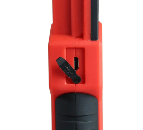 Close-up of USB-C charging port on Beefy 500 Lumen Rechargeable Work Light With Stepless Dimming, red and black LED work lamp