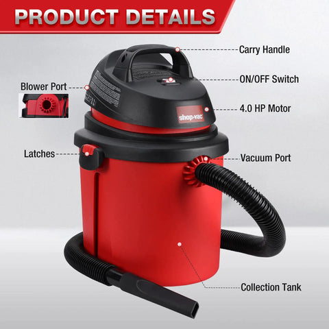 4 Gallon 4.0 Peak HP Wet Dry Shop Vacuum, red with black top, shown with blower port and vacuum port labeled, for home garage use.