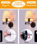 7 Inch Plug In Wall Sconce With Dimmable Stepless Brightness showing installation options, plug-in and hardwired setup.