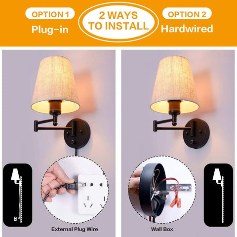 7 Inch Plug In Wall Sconce With Dimmable Stepless Brightness showing installation options, plug-in and hardwired setup.