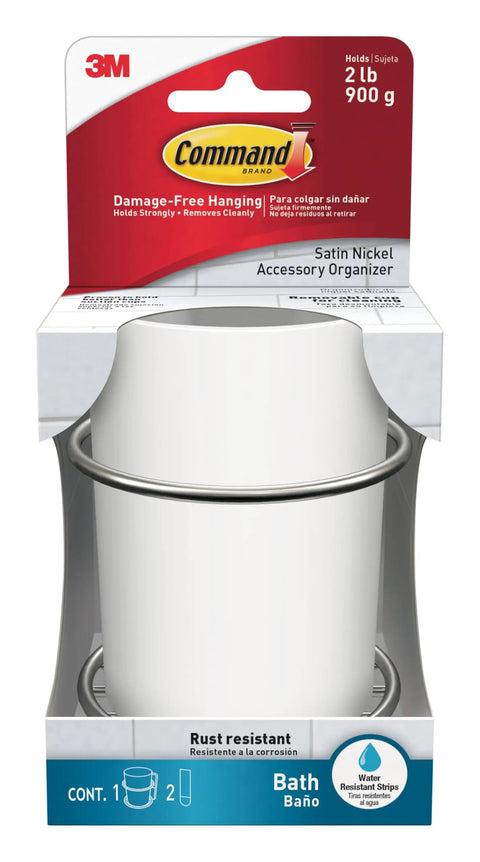 Bathroom Accessory Organizer With Two Medium Water Resistant Strips Satin Nickel Finish Holds Up To 2 Lb packaging view