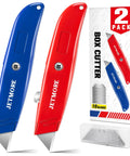 Jetmore 2-pack metal retractable box cutters in blue and red with 10 blades and plastic storage case