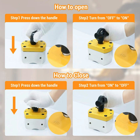 Instructions for using 600 Lb On Off Switch Magnetic Holder For Welding And Lifting, showing handle operation steps.