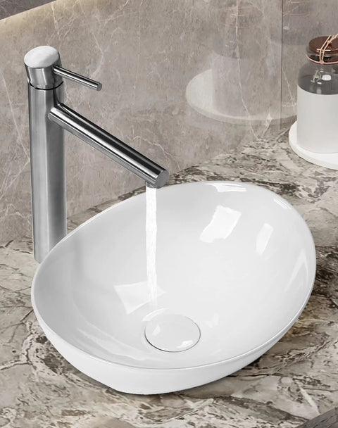 Bathroom Vessel Sink Set 15x12 Inch Oval Ceramic Vessel Sink Basin With Pop Up Drain Faucet Modern Egg Shape Above Counter Vanity Bowl Glossy White Easy To Install