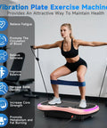 Woman exercising on Home Vibration Plate for Lymphatic Drainage and Full Body Toning with 9 Modes, pink, in a gym setting.
