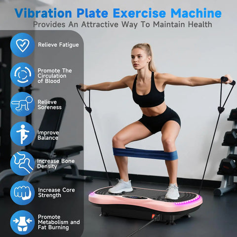 Woman exercising on Home Vibration Plate for Lymphatic Drainage and Full Body Toning with 9 Modes, pink, in a gym setting.