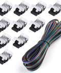 10 Pack 4 Pin Waterproof LED Strip Connector For 10mm RGB 5050 Strips No Soldering Quick Wire Connection Without Stripping Includes UL Listed 16.4ft 22 Gauge 4 Conductor Extension Cable displayed with multi-colored extension cable