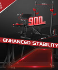 Beefy 900 Lbs Weight Bench Set With Squat Rack For Home Gym, showing dimensions and enhanced stability feature.
