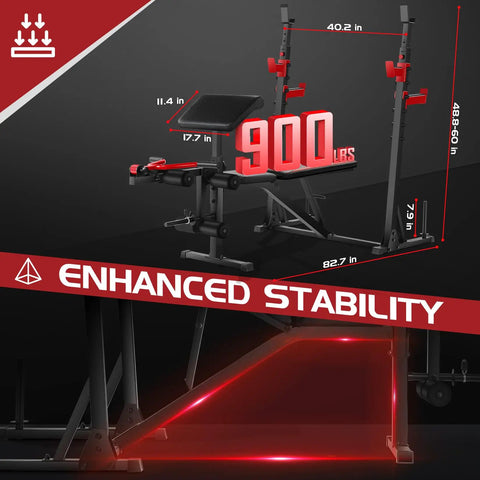 Beefy 900 Lbs Weight Bench Set With Squat Rack For Home Gym, showing dimensions and enhanced stability feature.
