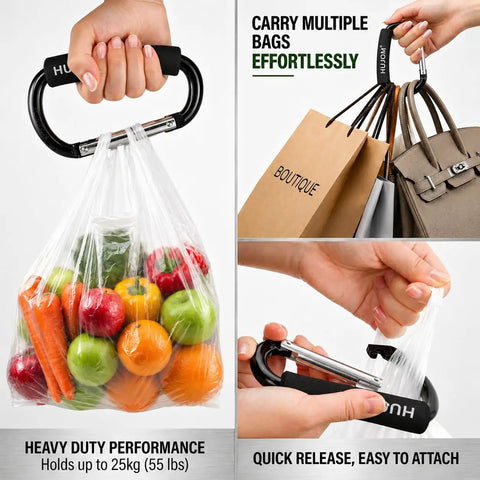 Heavy Duty Stroller Hooks 2 Pack Carabiner Clips for hanging multiple bags hands-free on the go, holding grocery bags and purses