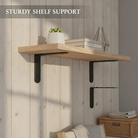Tough As Nails Black L Shaped Shelf Bracket Stainless Steel Wall Mount For Floating Shelves supporting a wooden shelf